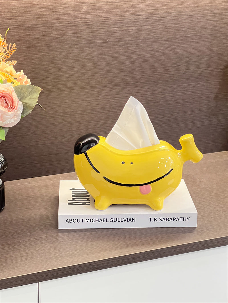 Cute Yellow Banana-Shaped Cartoon Dog Ceramic Tissue Box, Playful Desktop Tissue Holder Decor