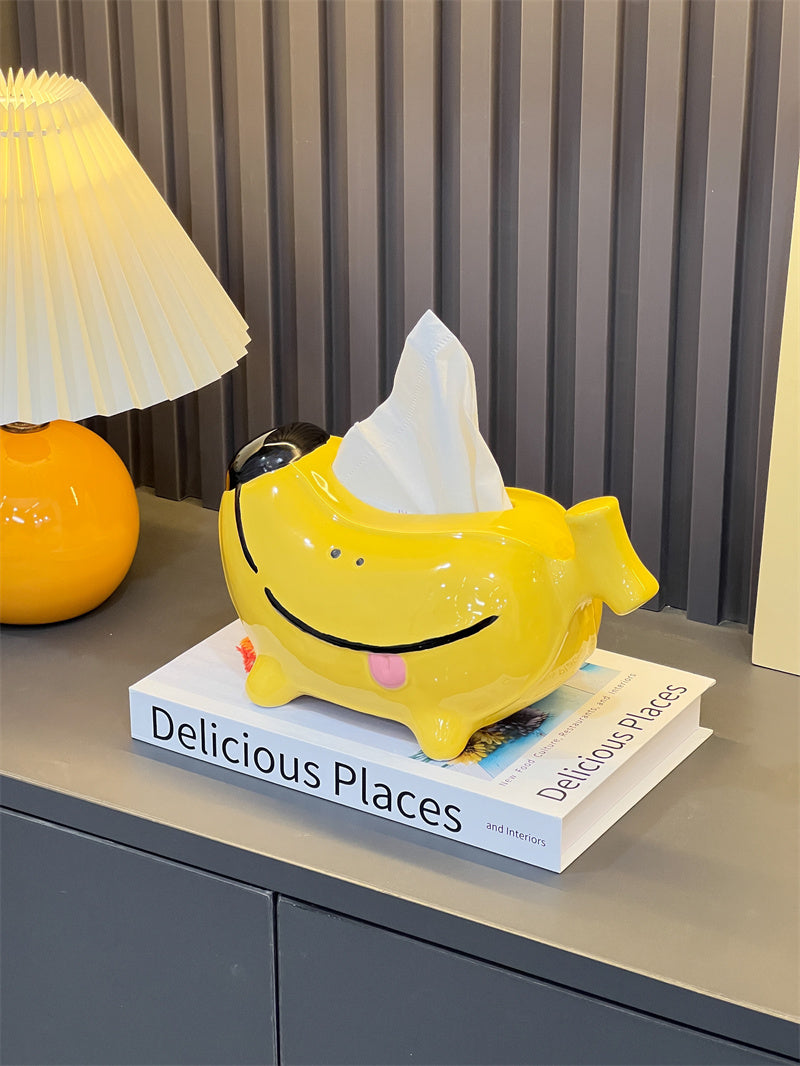 Cute Yellow Banana-Shaped Cartoon Dog Ceramic Tissue Box, Playful Desktop Tissue Holder Decor