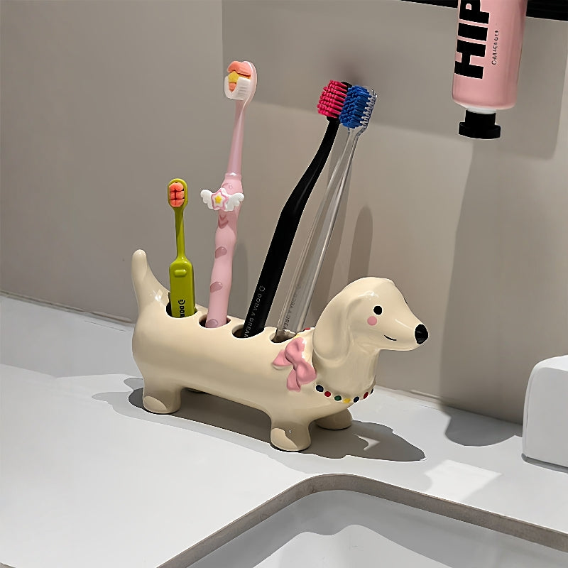 Dachshund - Shaped Ceramic Toothbrush Holder, Multi - Slot Bathroom Organizer
