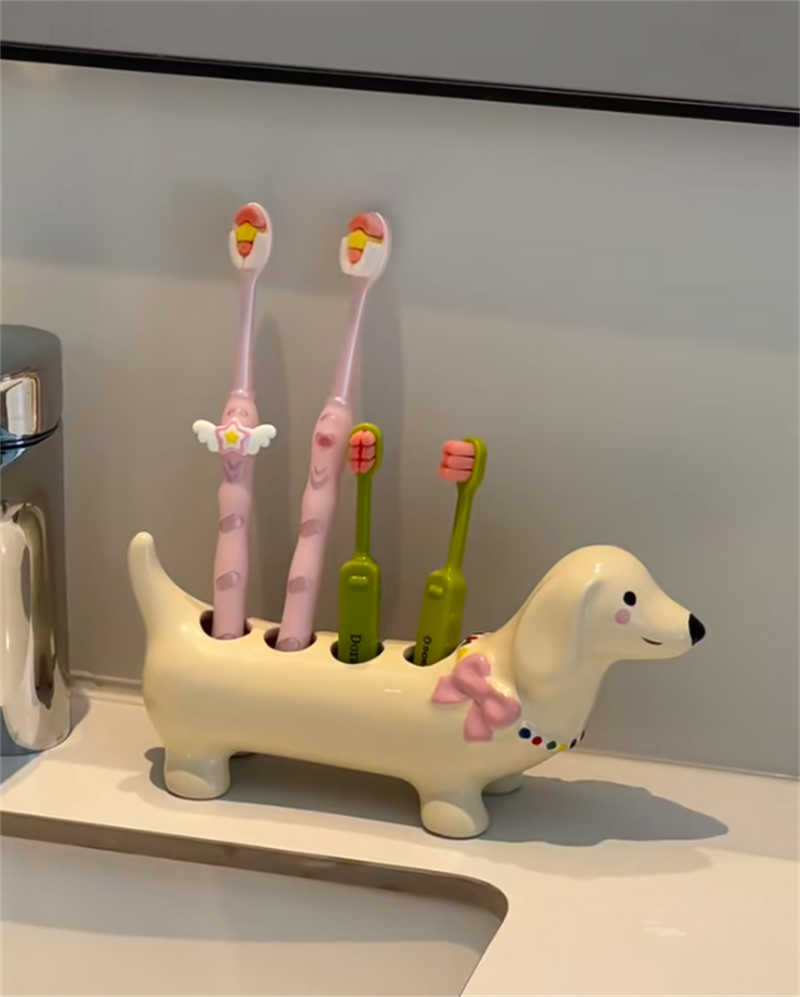 Dachshund - Shaped Ceramic Toothbrush Holder, Multi - Slot Bathroom Organizer