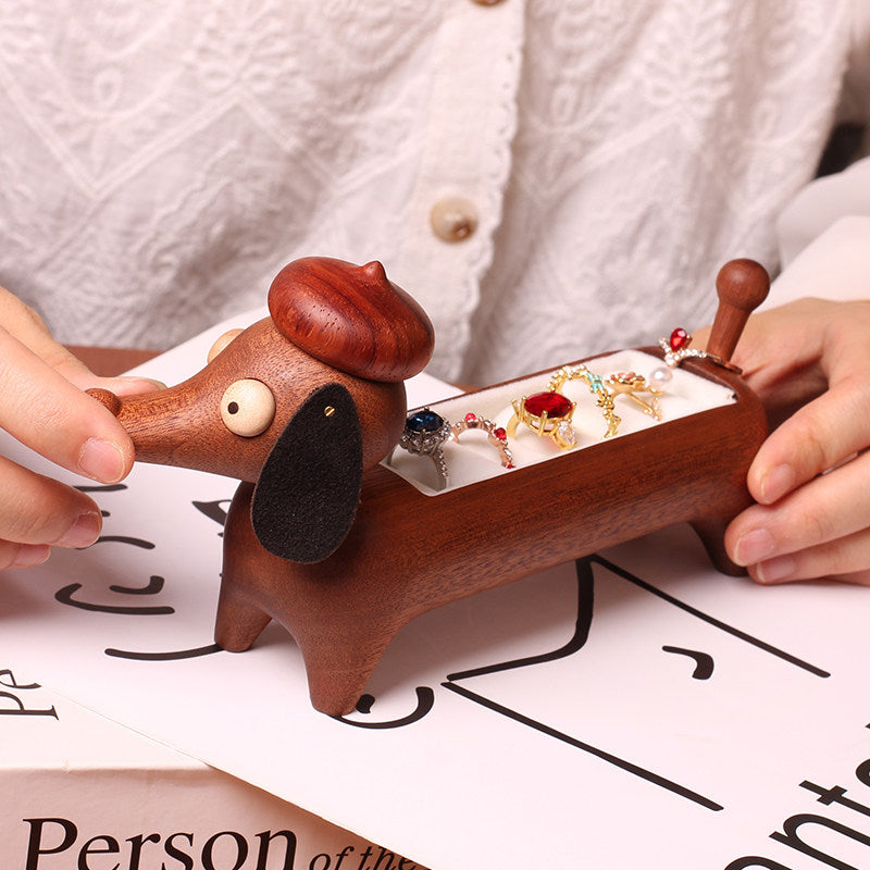 Dachshund Wooden Ring Holder - Cute Dog-Shaped Jewelry Organizer with Velvet Lining for Rings & Earrings
