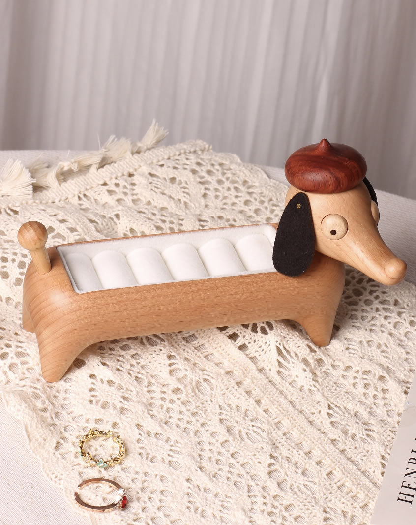 Dachshund Wooden Ring Holder - Cute Dog-Shaped Jewelry Organizer with Velvet Lining for Rings & Earrings