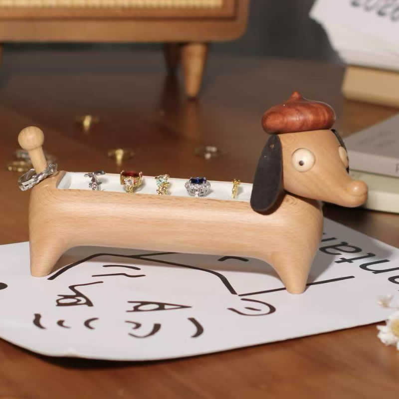 Dachshund Wooden Ring Holder - Cute Dog-Shaped Jewelry Organizer with Velvet Lining for Rings & Earrings