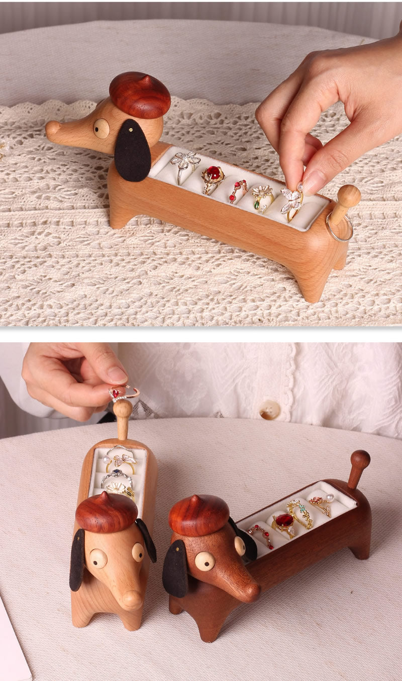 Dachshund Wooden Ring Holder - Cute Dog-Shaped Jewelry Organizer with Velvet Lining for Rings & Earrings