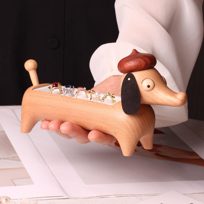 Dachshund Wooden Ring Holder - Cute Dog-Shaped Jewelry Organizer with Velvet Lining for Rings & Earrings
