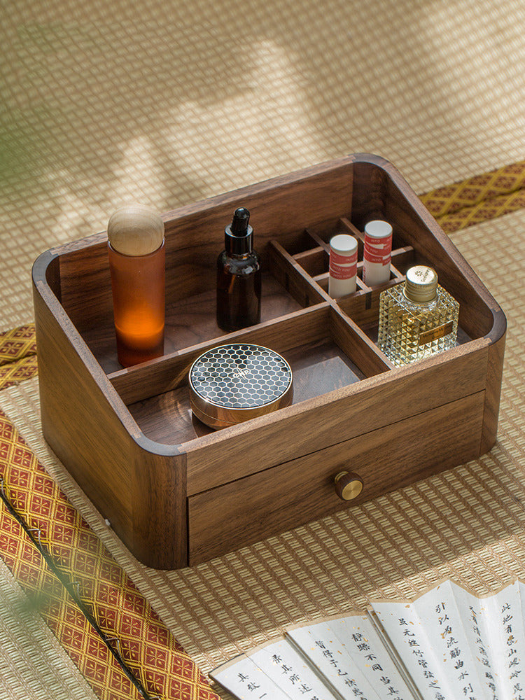 Desktop Multifunctional Wooden Storage Box With Drawer,Black Walnut De ...