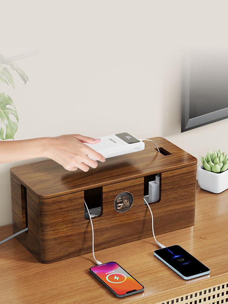 Desktop Wooden Socket Management Storage Box, Wire Hider Organizer Box