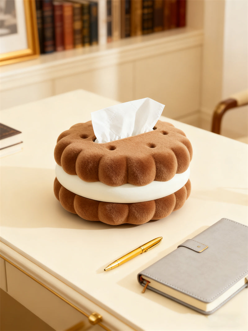 Double-Layer Cookie Shaped Plush Tissue Box - Cozy Decorative Tissue Holder for Living Room & Desk