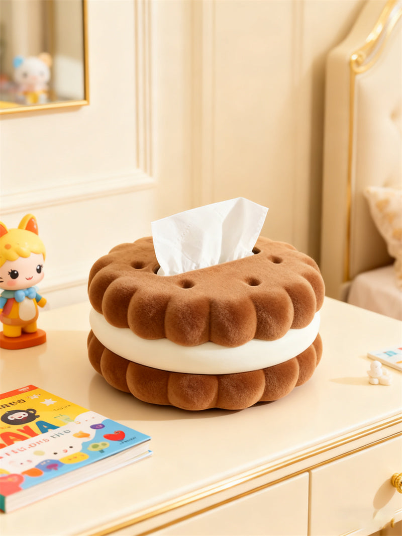 Double-Layer Cookie Shaped Plush Tissue Box - Cozy Decorative Tissue Holder for Living Room & Desk