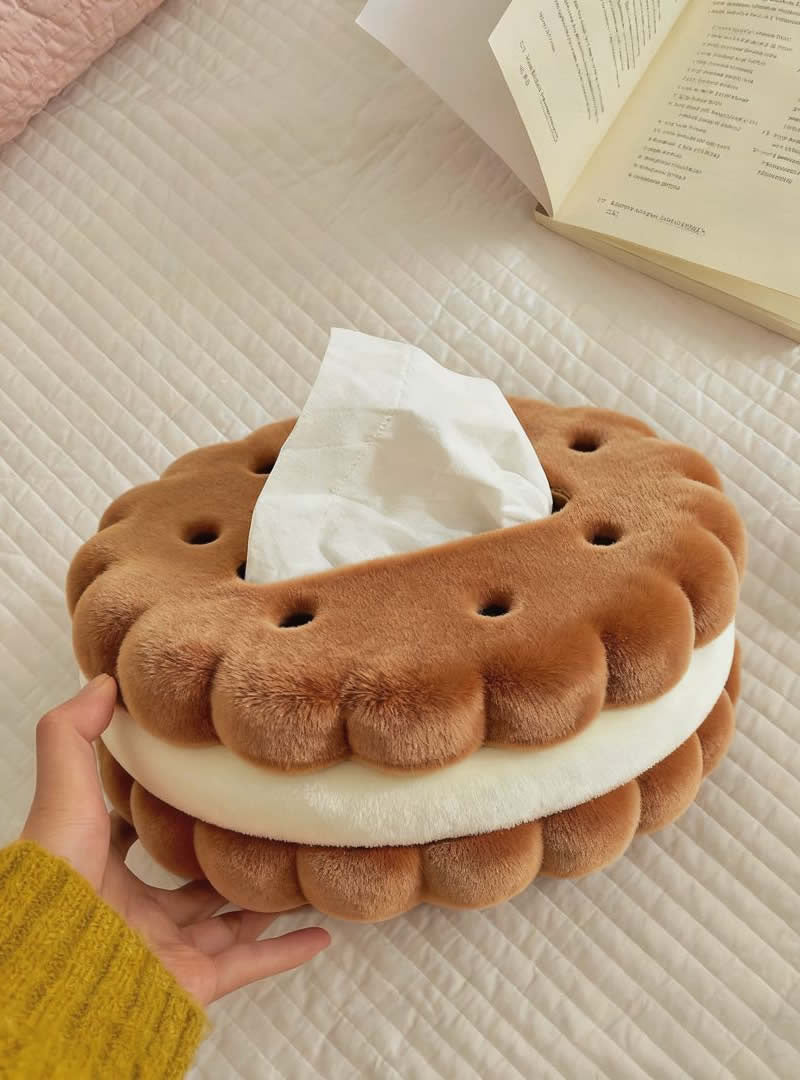 Double-Layer Cookie Shaped Plush Tissue Box - Cozy Decorative Tissue Holder for Living Room & Desk