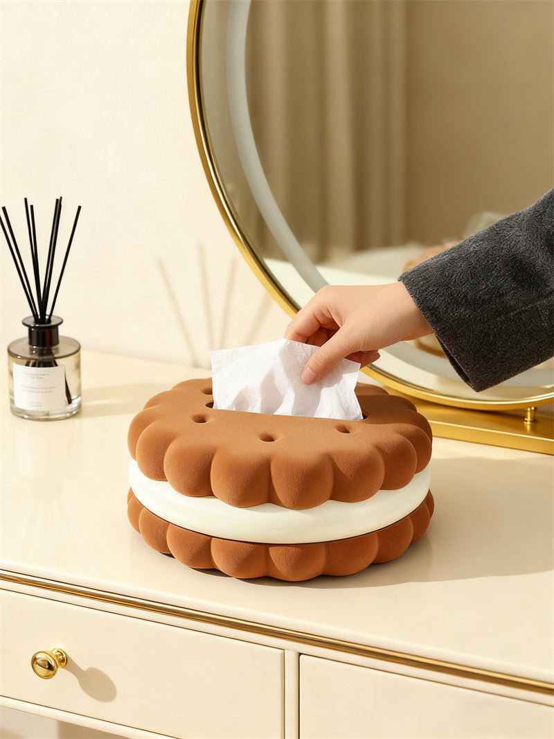 Double-Layer Cookie Shaped Plush Tissue Box - Cozy Decorative Tissue Holder for Living Room & Desk