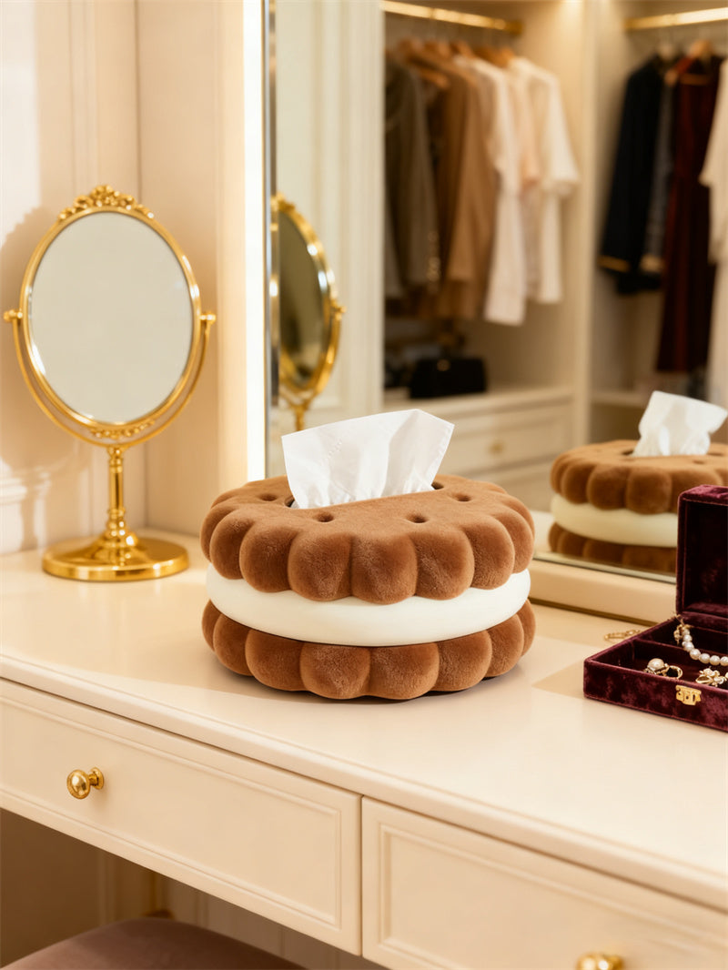 Double-Layer Cookie Shaped Plush Tissue Box - Cozy Decorative Tissue Holder for Living Room & Desk