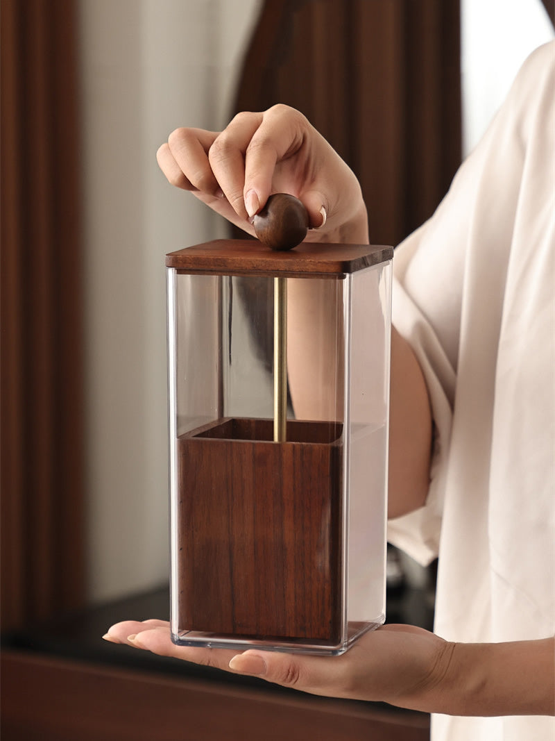 Dust‑Proof Wood Makeup Brush Holder with Pull‑Up Lid, Desktop Vanity Organizer for Makeup Brushes, Eyebrow Pens, Beauty Tools, Decorative Tabletop Storage Container