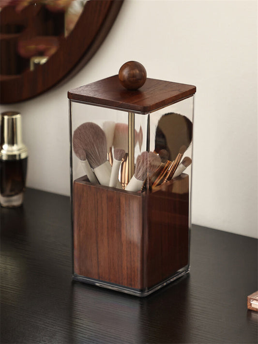 Dust‑Proof Wood Makeup Brush Holder with Pull‑Up Lid, Desktop Vanity Organizer for Makeup Brushes, Eyebrow Pens, Beauty Tools, Decorative Tabletop Storage Container