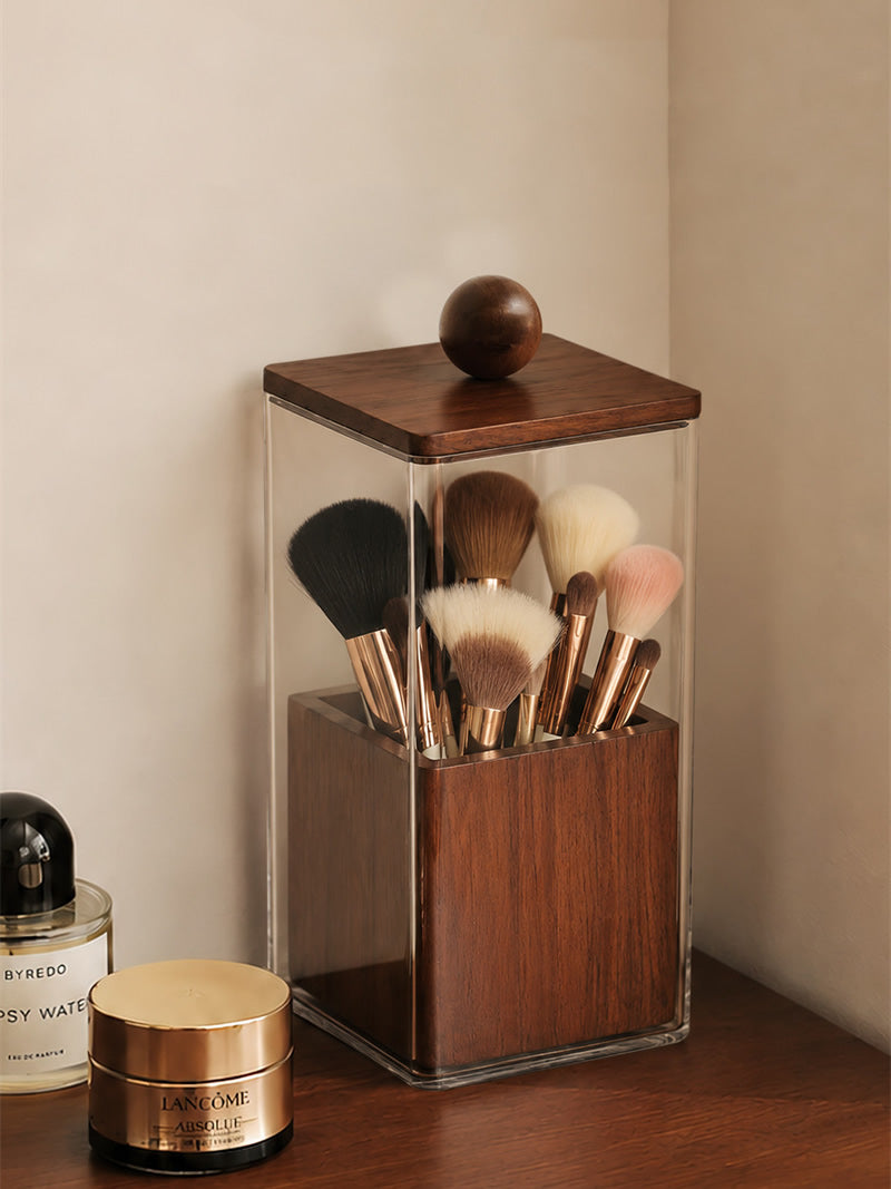 Dust‑Proof Wood Makeup Brush Holder with Pull‑Up Lid, Desktop Vanity Organizer for Makeup Brushes, Eyebrow Pens, Beauty Tools, Decorative Tabletop Storage Container