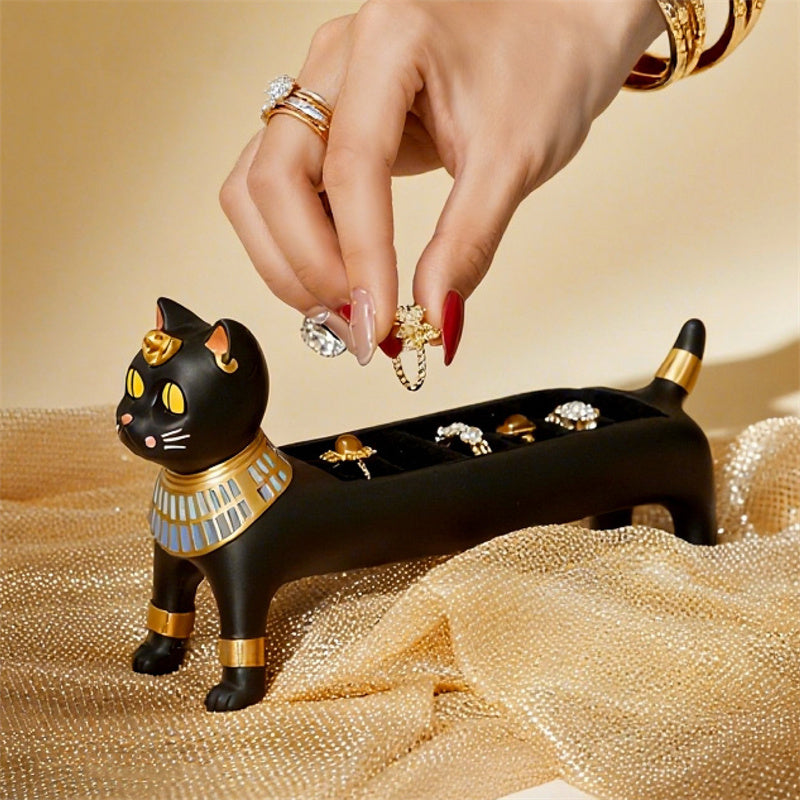 Egyptian Cat Goddess Bastet Jewelry Organizer, Black & Gold Cat - Shaped Ring Holder Decor