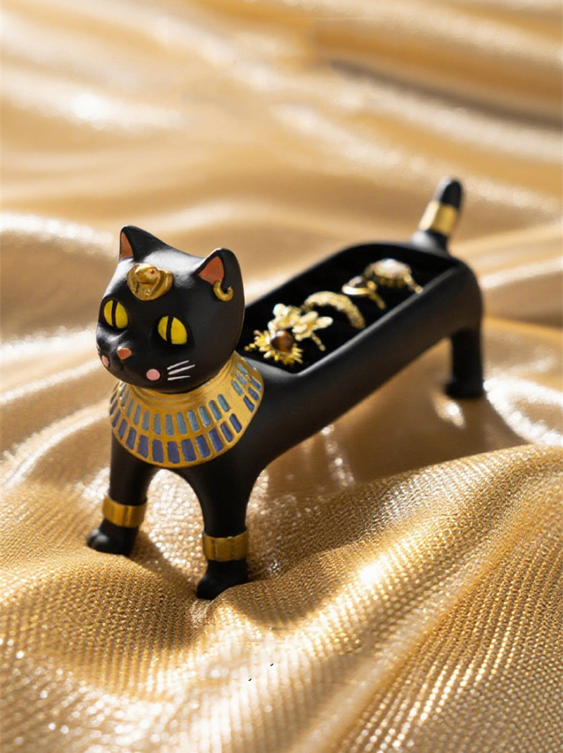 Egyptian Cat Goddess Bastet Jewelry Organizer, Black & Gold Cat - Shaped Ring Holder Decor
