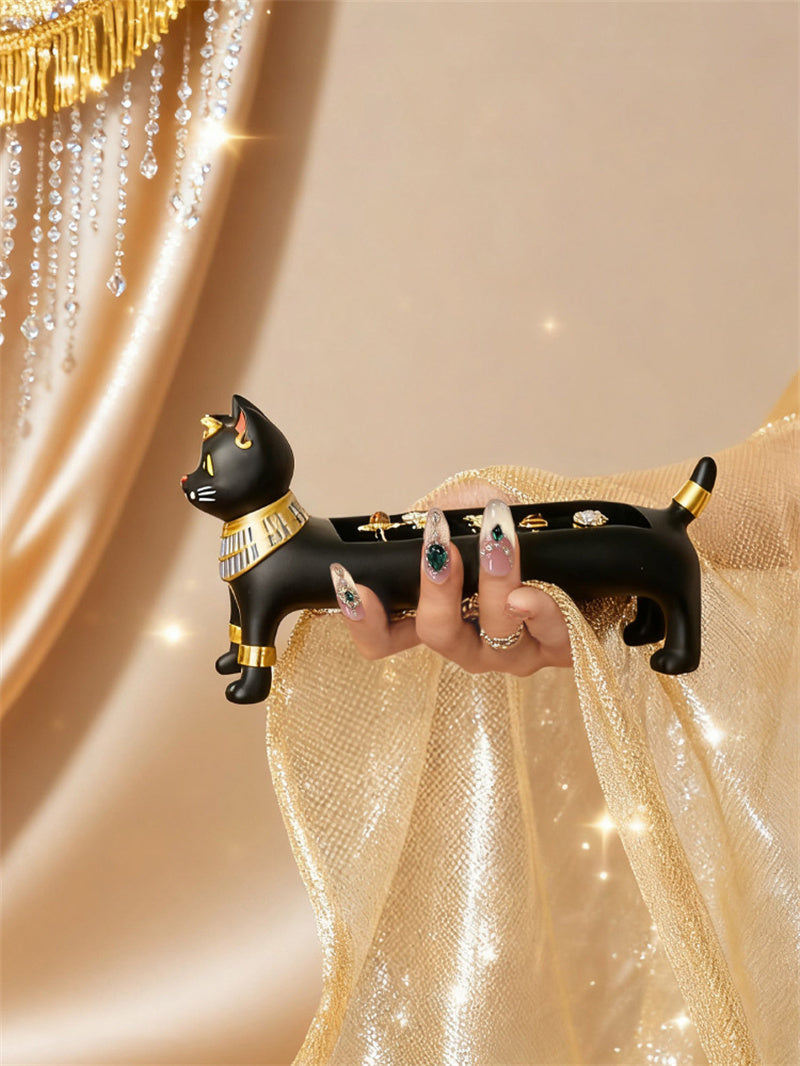 Egyptian Cat Goddess Bastet Jewelry Organizer, Black & Gold Cat - Shaped Ring Holder Decor