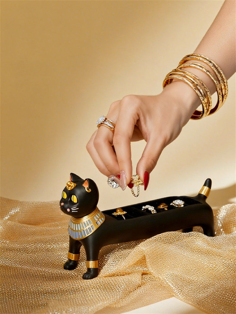 Egyptian Cat Goddess Bastet Jewelry Organizer, Black & Gold Cat - Shaped Ring Holder Decor