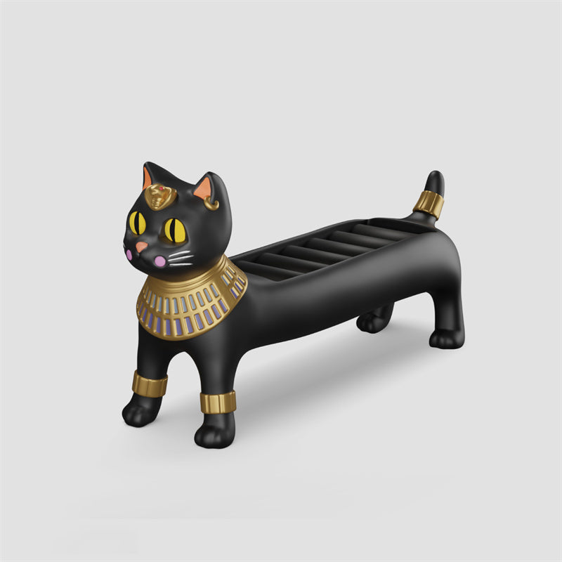Egyptian Cat Goddess Bastet Jewelry Organizer, Black & Gold Cat - Shaped Ring Holder Decor