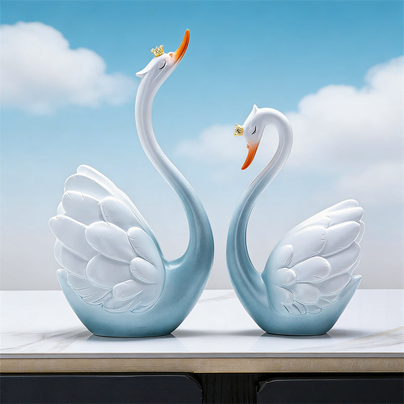 Elegant Gradient Blue Couple Swan Sculpture -  Figurines for Home Decor