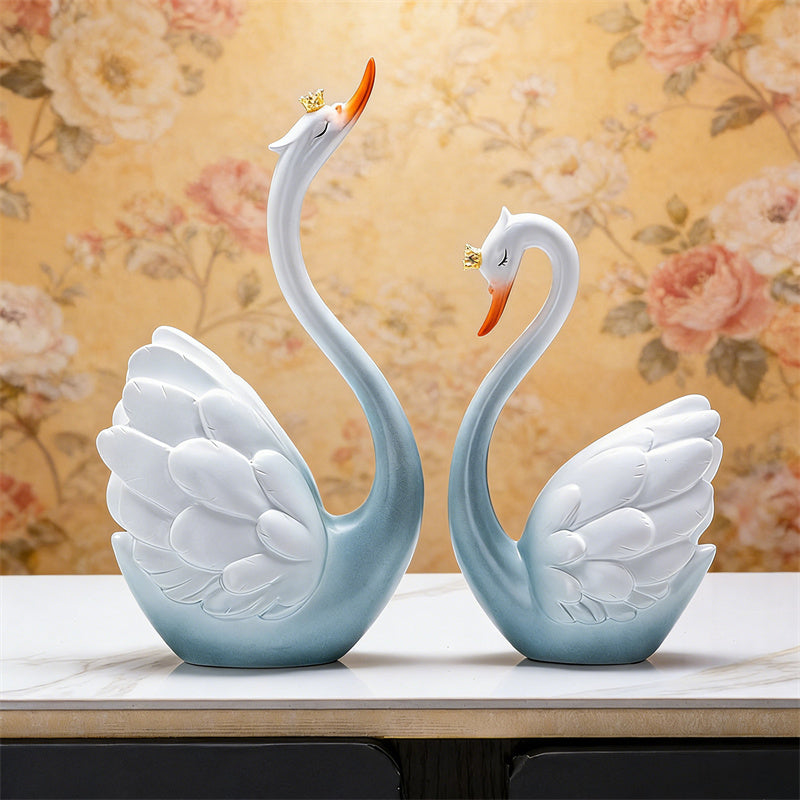 Elegant Gradient Blue Couple Swan Sculpture -  Figurines for Home Decor