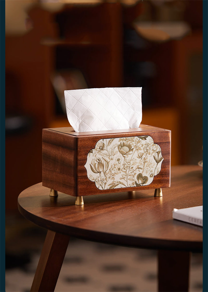 Elegant Solid Wood Tissue Box with Floral Art Panels  for Home & Office