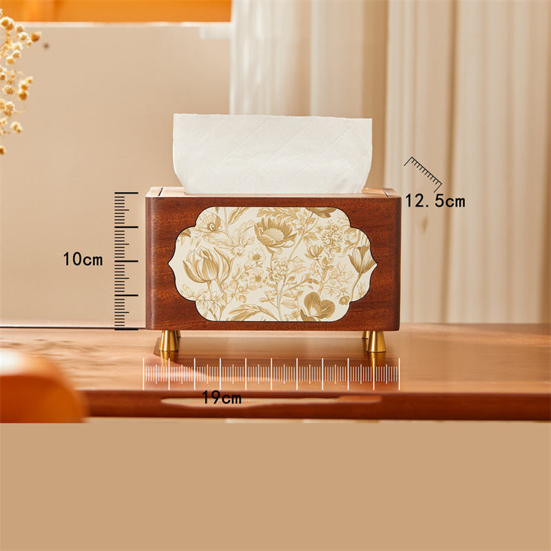 Elegant Solid Wood Tissue Box with Floral Art Panels  for Home & Office