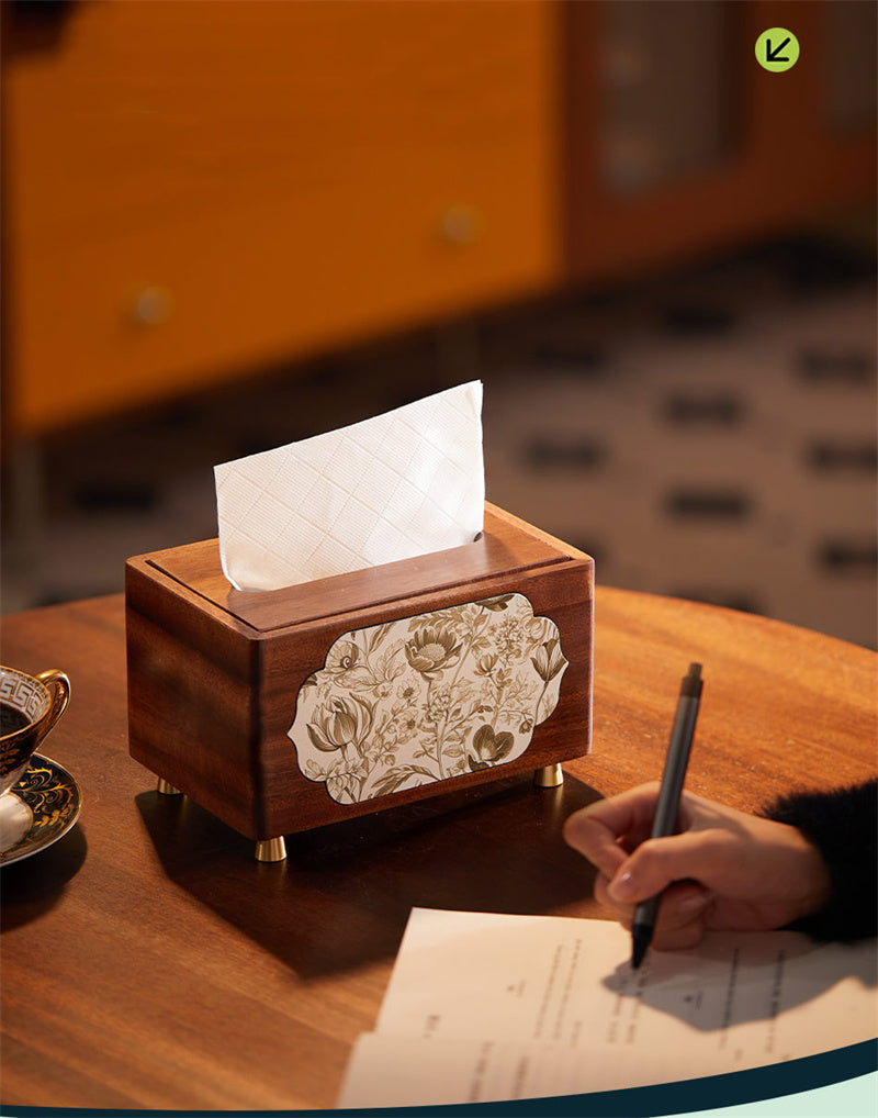 Elegant Solid Wood Tissue Box with Floral Art Panels  for Home & Office