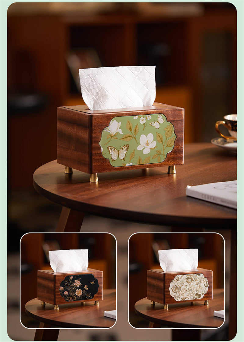 Elegant Solid Wood Tissue Box with Floral Art Panels  for Home & Office