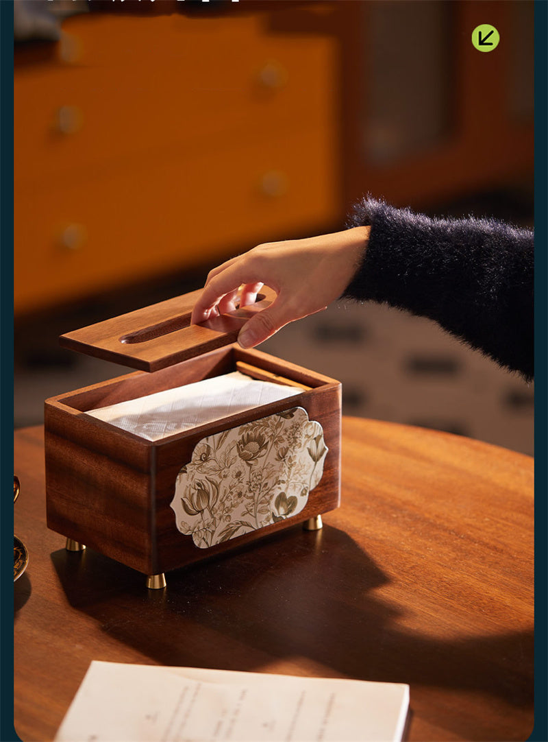 Elegant Solid Wood Tissue Box with Floral Art Panels  for Home & Office