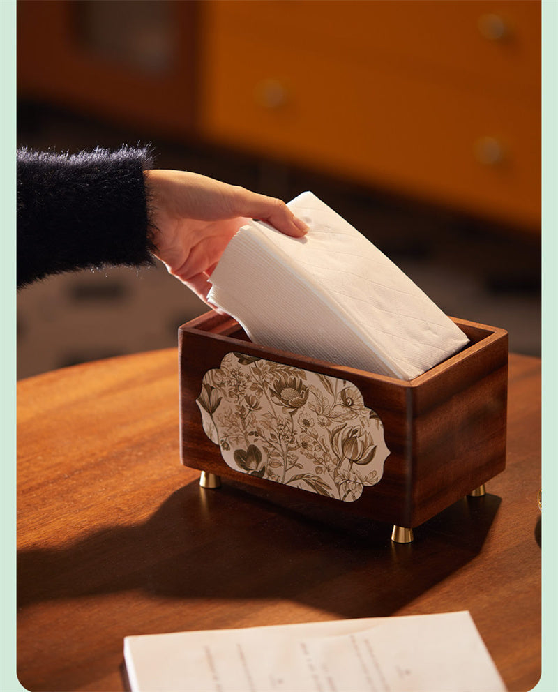 Elegant Solid Wood Tissue Box with Floral Art Panels  for Home & Office