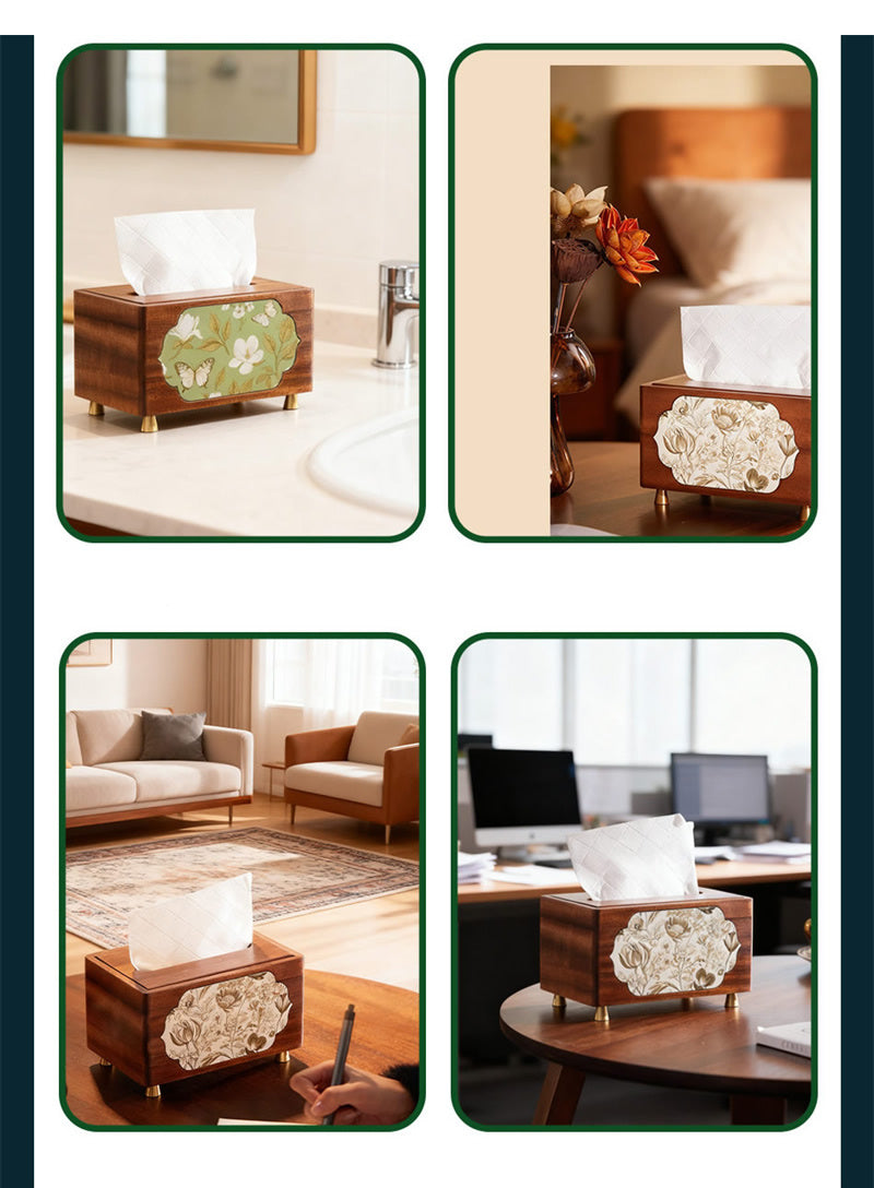 Elegant Solid Wood Tissue Box with Floral Art Panels  for Home & Office
