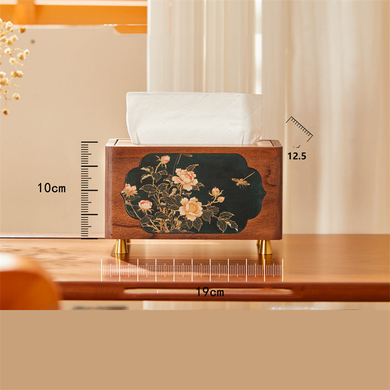 Elegant Solid Wood Tissue Box with Floral Art Panels  for Home & Office