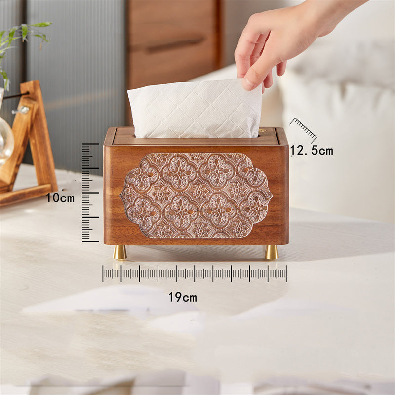 Elegant Solid Wood Tissue Box with Floral Art Panels  for Home & Office