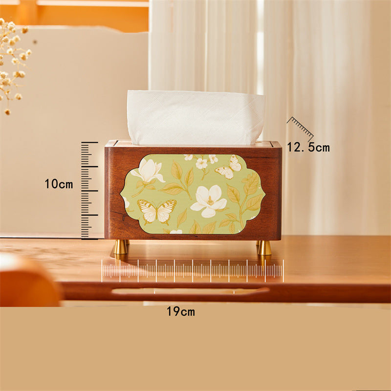 Elegant Solid Wood Tissue Box with Floral Art Panels  for Home & Office