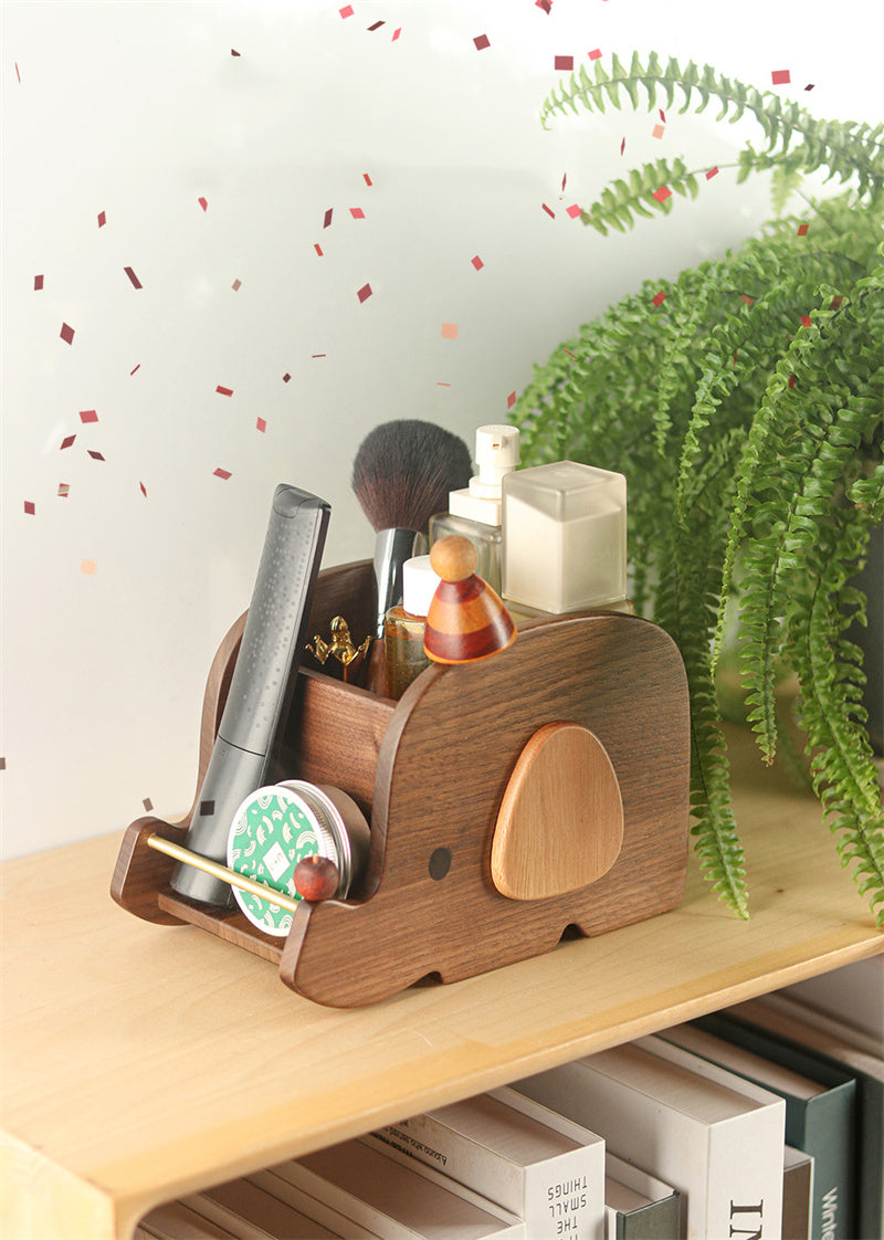Elephant Wooden Desktop Organizer - Multi-Purpose Vanity Storage Holder for Cosmetics, Desk Supplies & Small Essentials