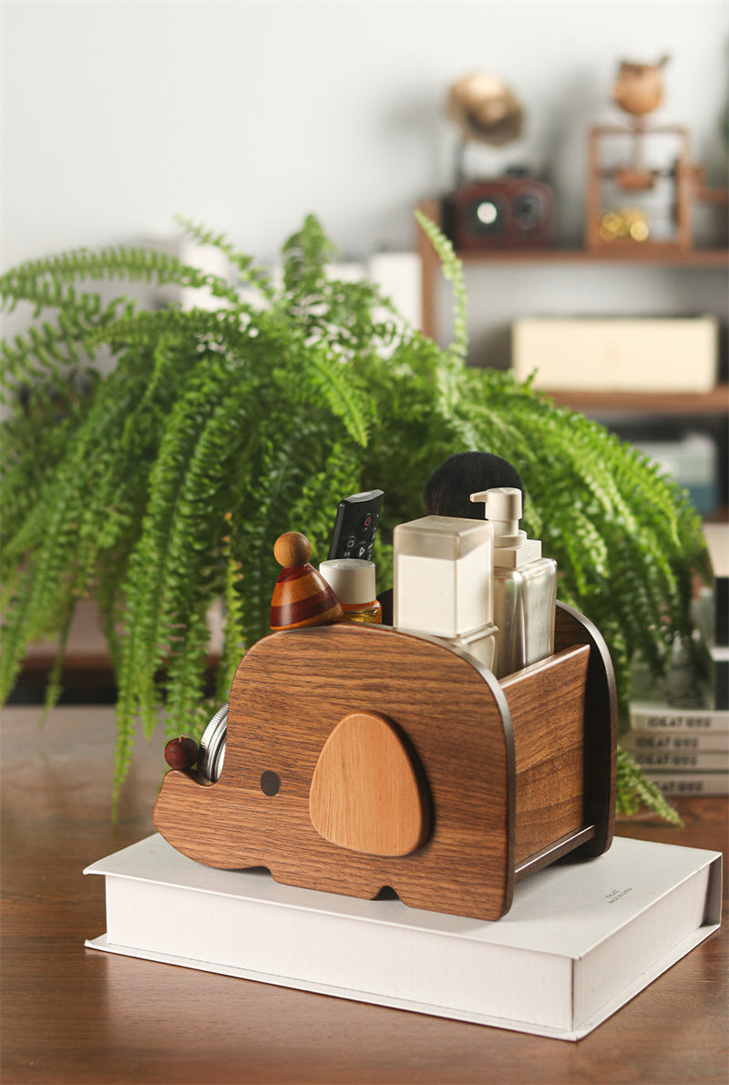 Elephant Wooden Desktop Organizer - Multi-Purpose Vanity Storage Holder for Cosmetics, Desk Supplies & Small Essentials
