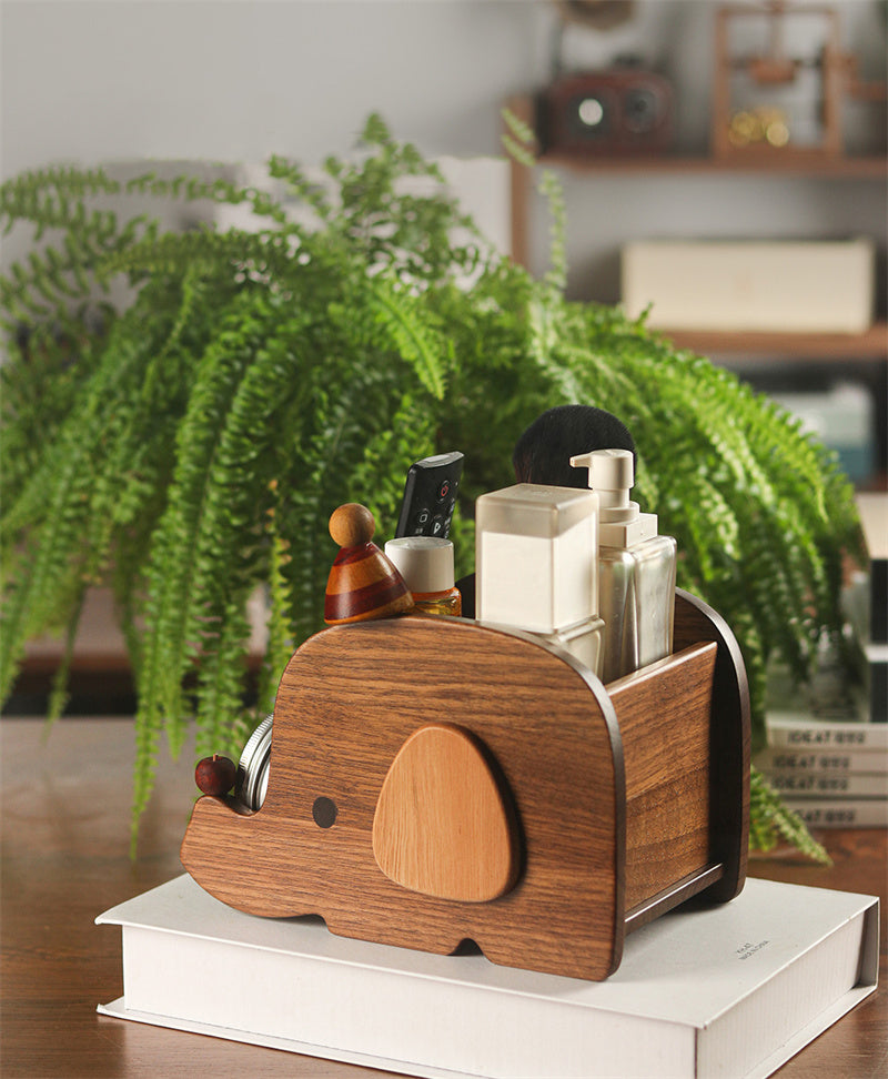 Elephant Wooden Desktop Organizer - Multi-Purpose Vanity Storage Holder for Cosmetics, Desk Supplies & Small Essentials