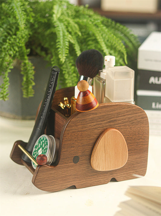 Elephant Wooden Desktop Organizer - Multi-Purpose Vanity Storage Holder for Cosmetics, Desk Supplies & Small Essentials
