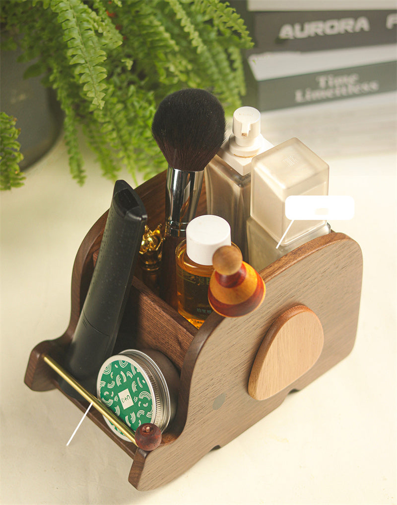 Elephant Wooden Desktop Organizer - Multi-Purpose Vanity Storage Holder for Cosmetics, Desk Supplies & Small Essentials