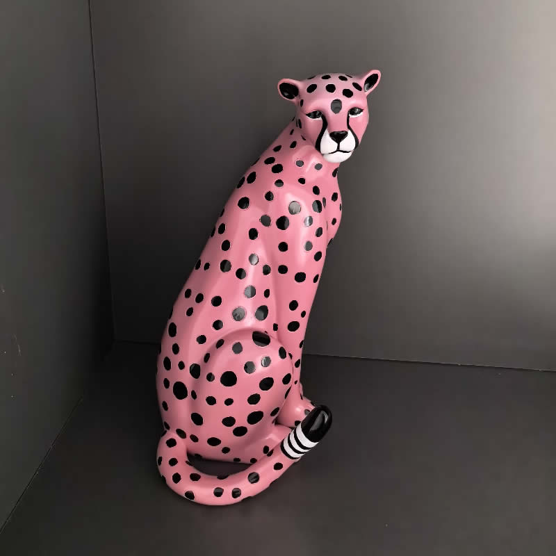 Exquisite Pink Leopard Resin Statue Sculpture,  Funny Spotted Panther Figurine, Animal Tabletop Ornament Trendy Aesthetic Home Decor for Living Room Bedroom Entryway