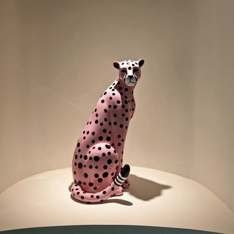 Exquisite Pink Leopard Resin Statue Sculpture,  Funny Spotted Panther Figurine, Animal Tabletop Ornament Trendy Aesthetic Home Decor for Living Room Bedroom Entryway