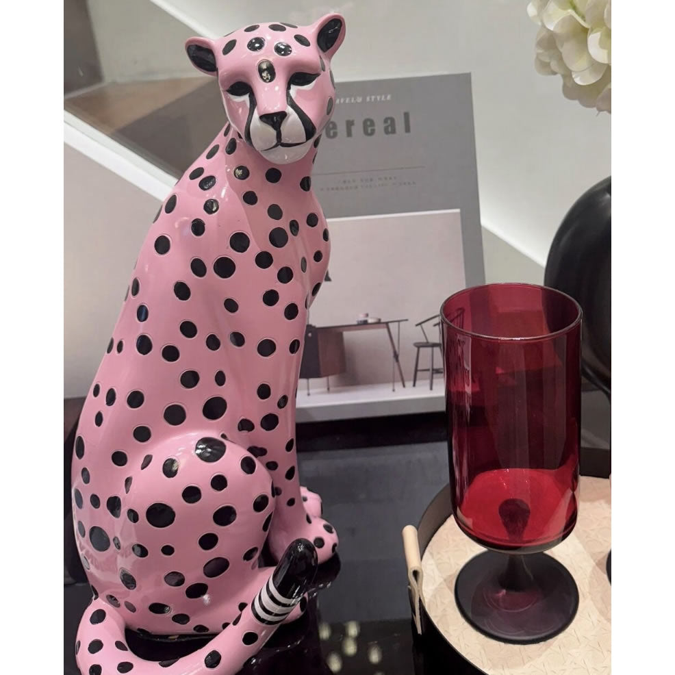 Exquisite Pink Leopard Resin Statue Sculpture,  Funny Spotted Panther Figurine, Animal Tabletop Ornament Trendy Aesthetic Home Decor for Living Room Bedroom Entryway