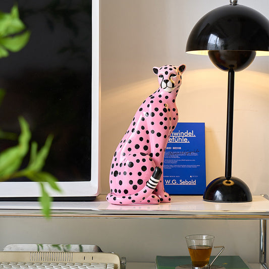 Exquisite Pink Leopard Resin Statue Sculpture,  Funny Spotted Panther Figurine, Animal Tabletop Ornament Trendy Aesthetic Home Decor for Living Room Bedroom Entryway