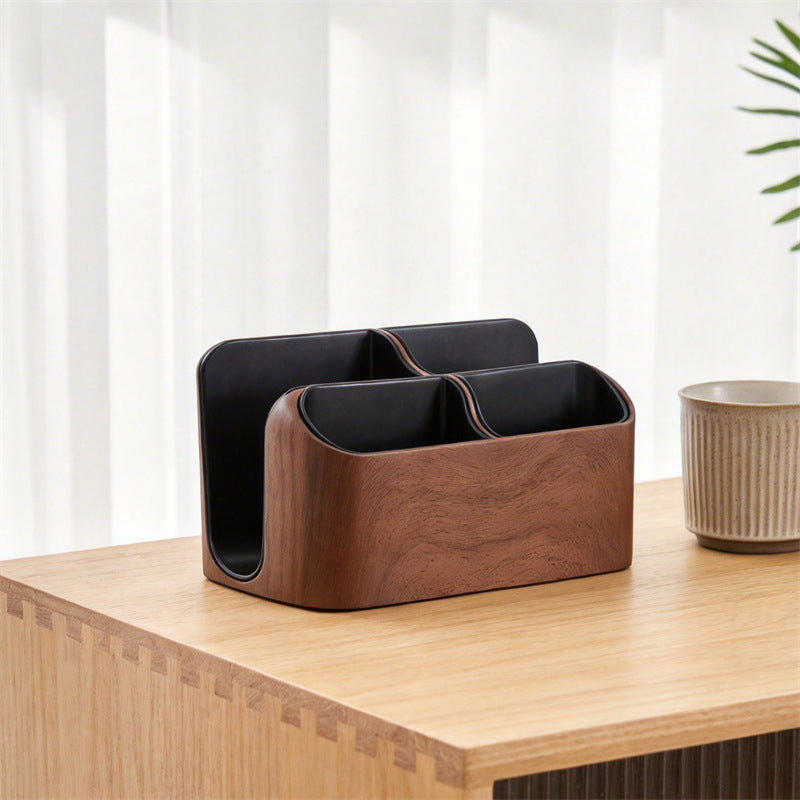 Faux Walnut Wood Grain Multi Compartment Desk Organizer, Divided Tabletop Storage Caddy for Remote Controls Pens Scissors Cosmetics, Minimalist Office Bedroom Living Room Decor