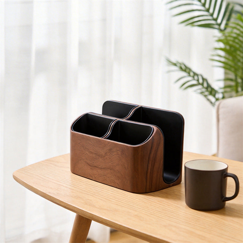 Faux Walnut Wood Grain Multi Compartment Desk Organizer, Divided Tabletop Storage Caddy for Remote Controls Pens Scissors Cosmetics, Minimalist Office Bedroom Living Room Decor