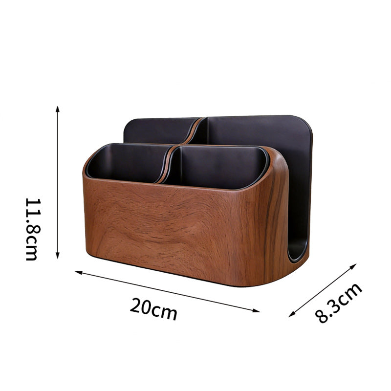 Faux Walnut Wood Grain Multi Compartment Desk Organizer, Divided Tabletop Storage Caddy for Remote Controls Pens Scissors Cosmetics, Minimalist Office Bedroom Living Room Decor