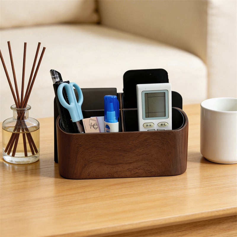 Faux Walnut Wood Grain Multi Compartment Desk Organizer, Divided Tabletop Storage Caddy for Remote Controls Pens Scissors Cosmetics, Minimalist Office Bedroom Living Room Decor