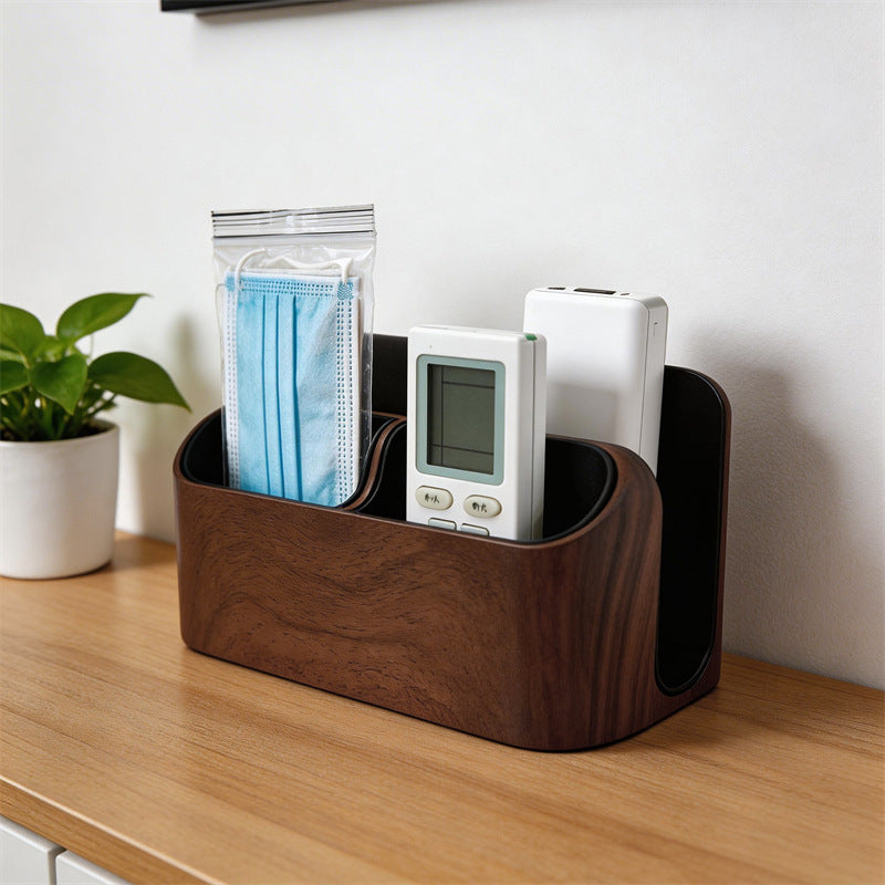 Faux Walnut Wood Grain Multi Compartment Desk Organizer, Divided Tabletop Storage Caddy for Remote Controls Pens Scissors Cosmetics, Minimalist Office Bedroom Living Room Decor